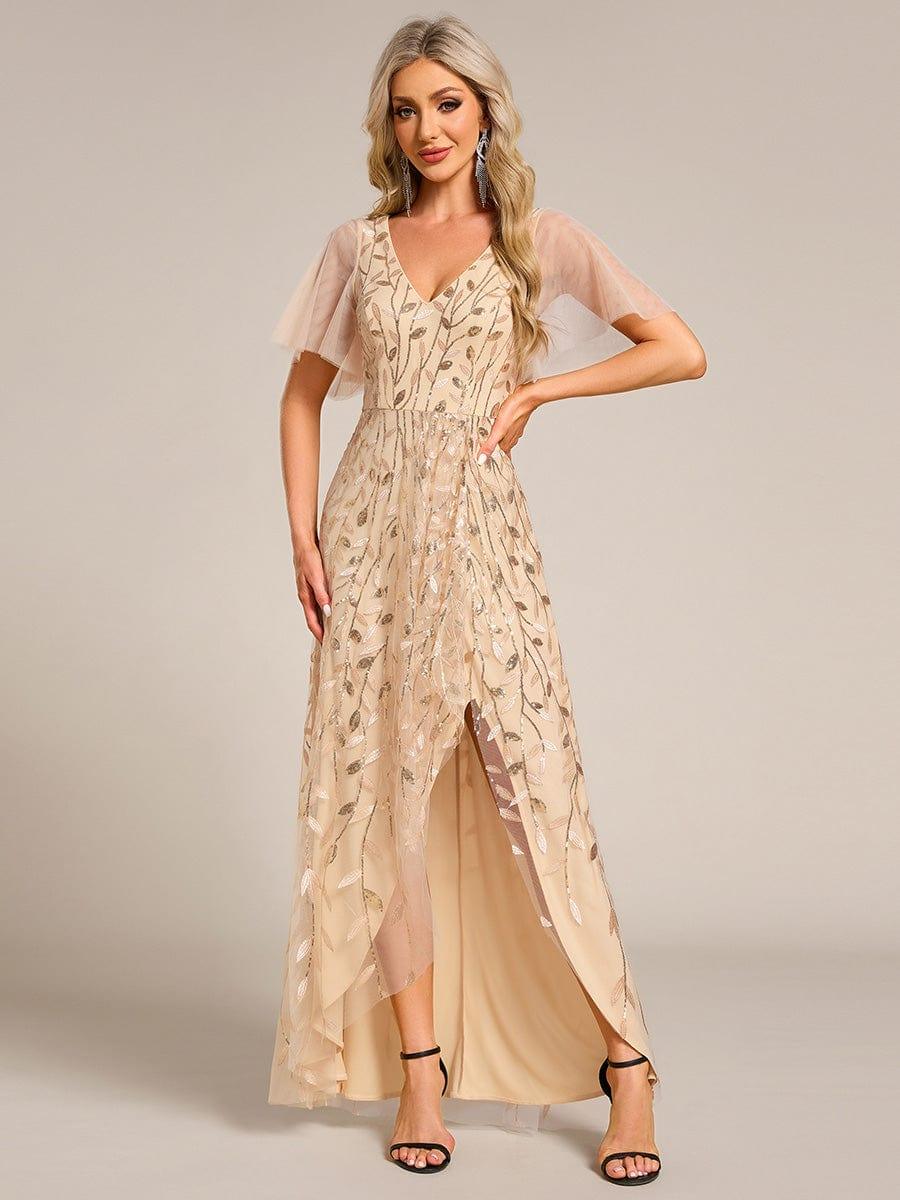 V-Neck Sequined Wedding Guest Dresses with High Slit #color_Gold