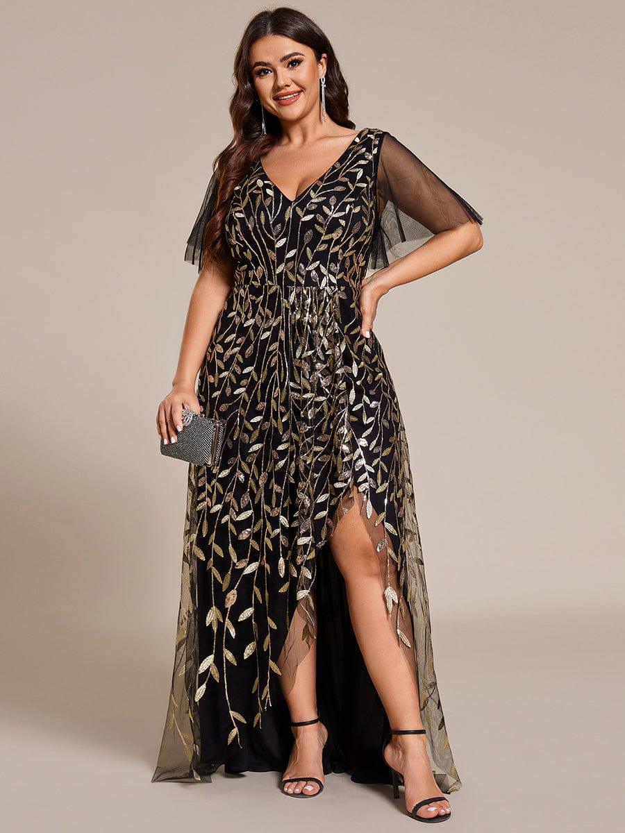 V-Neck Sequined Wedding Guest Dresses with High Slit #color_Black & Gold