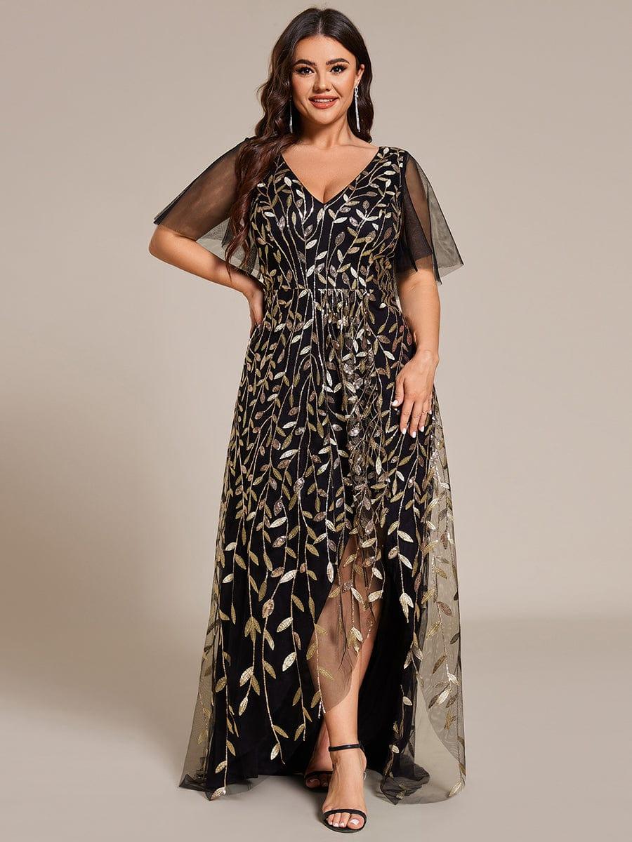 V-Neck Sequined Wedding Guest Dresses with High Slit #color_Black & Gold