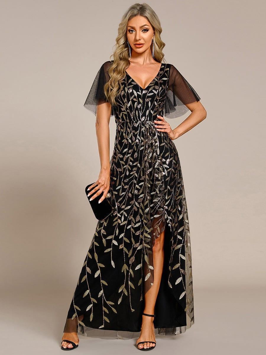 V-Neck Sequined Wedding Guest Dresses with High Slit #color_Black & Gold