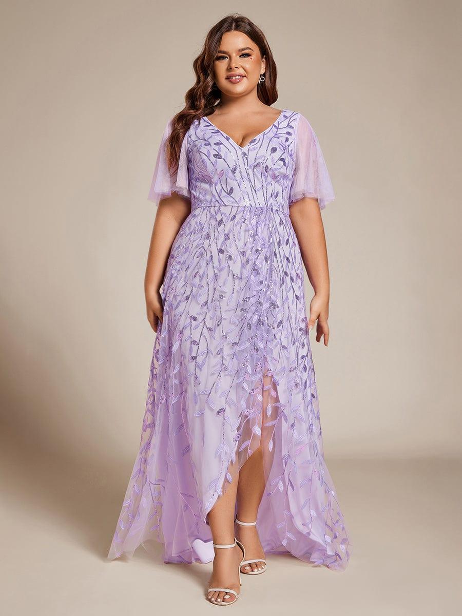 V-Neck Sequined Evening Dresses with High Slit #color_Lavender