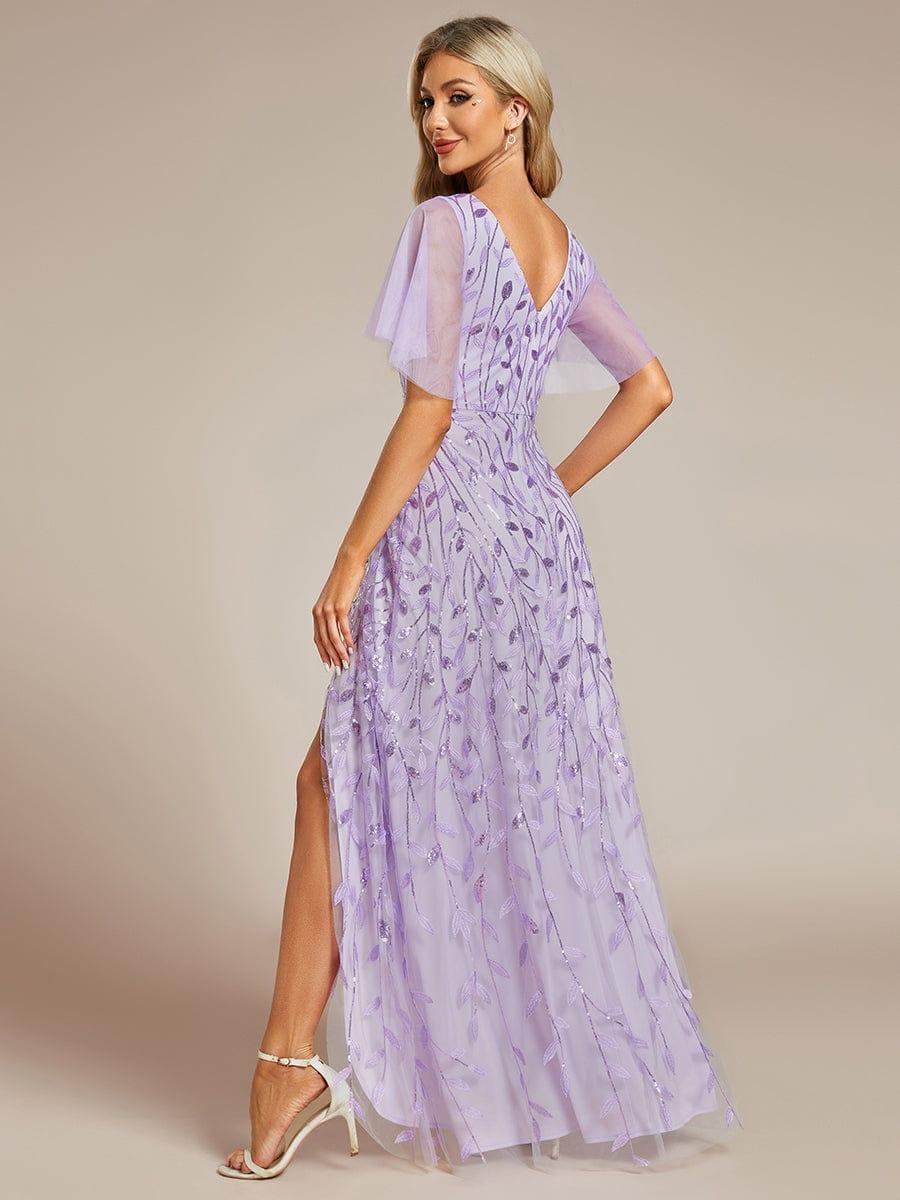 V-Neck Sequined Evening Dresses with High Slit #color_Lavender