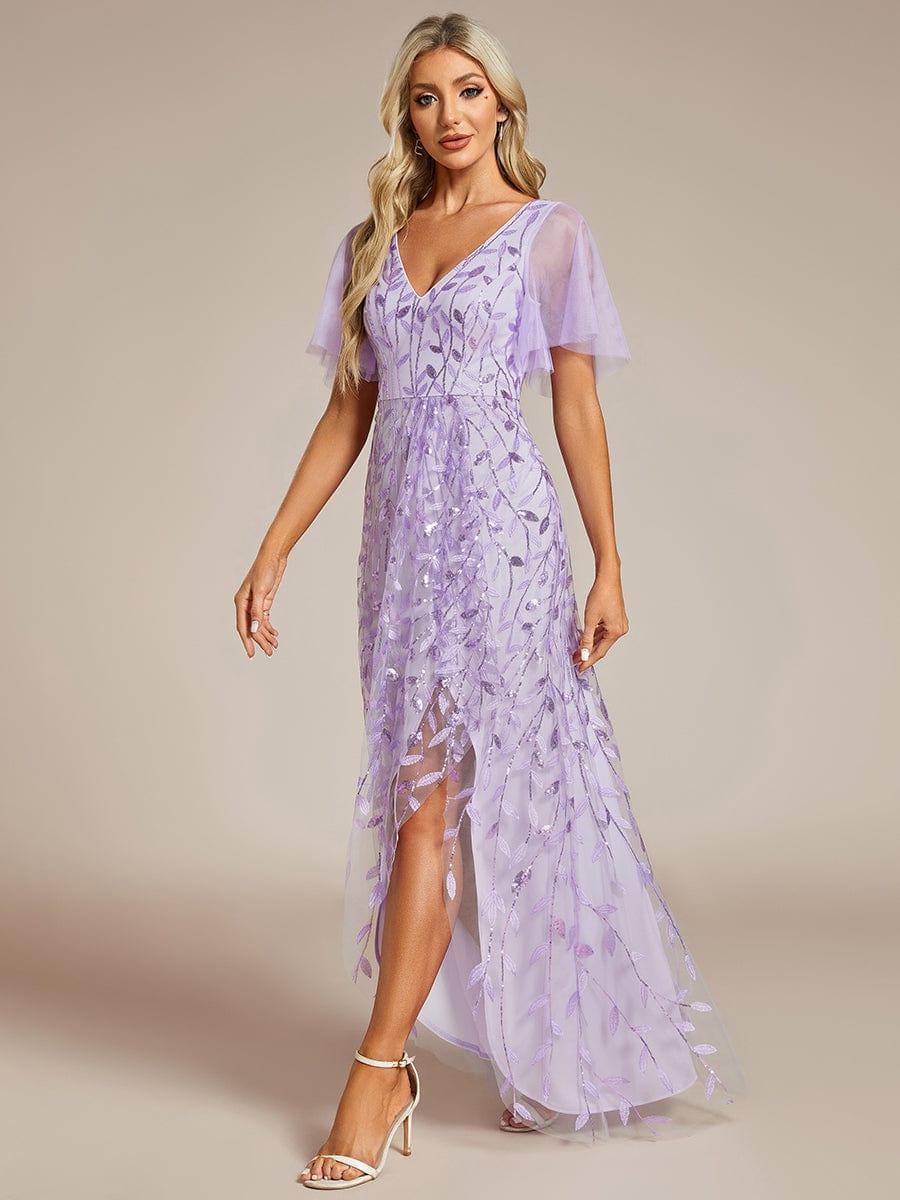 V-Neck Sequined Evening Dresses with High Slit #color_Lavender