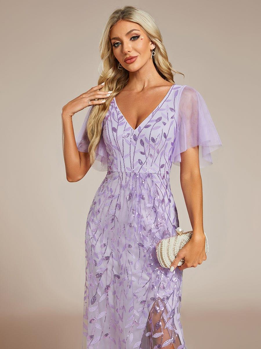 V-Neck Sequined Wedding Guest Dresses with High Slit #color_Lavender