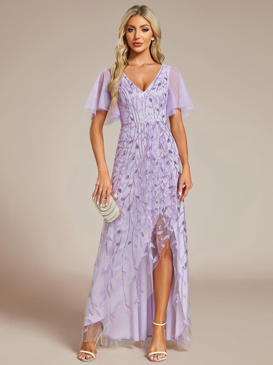 V-Neck Sequined Wedding Guest Dresses with High Slit #color_Lavender