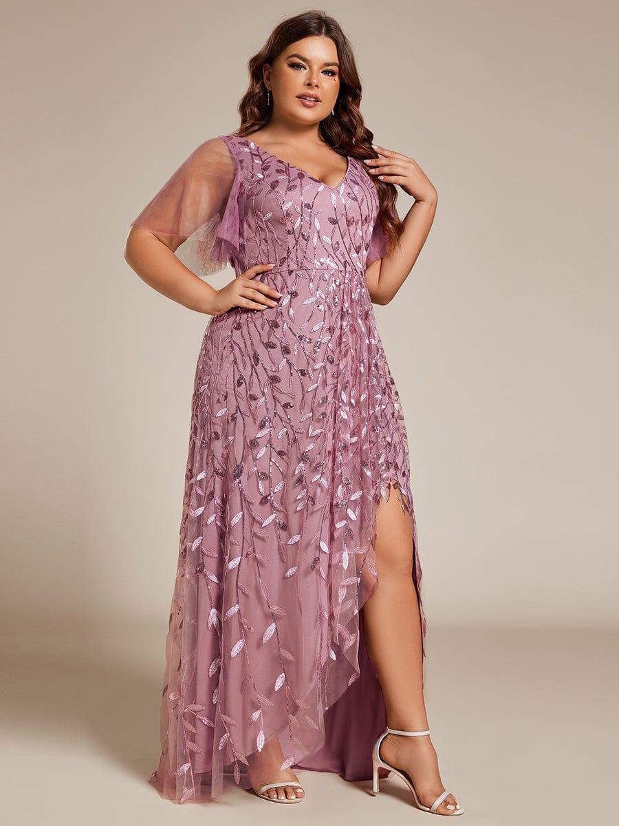 V-Neck Sequined Evening Dresses with High Slit #color_Purple Orchid