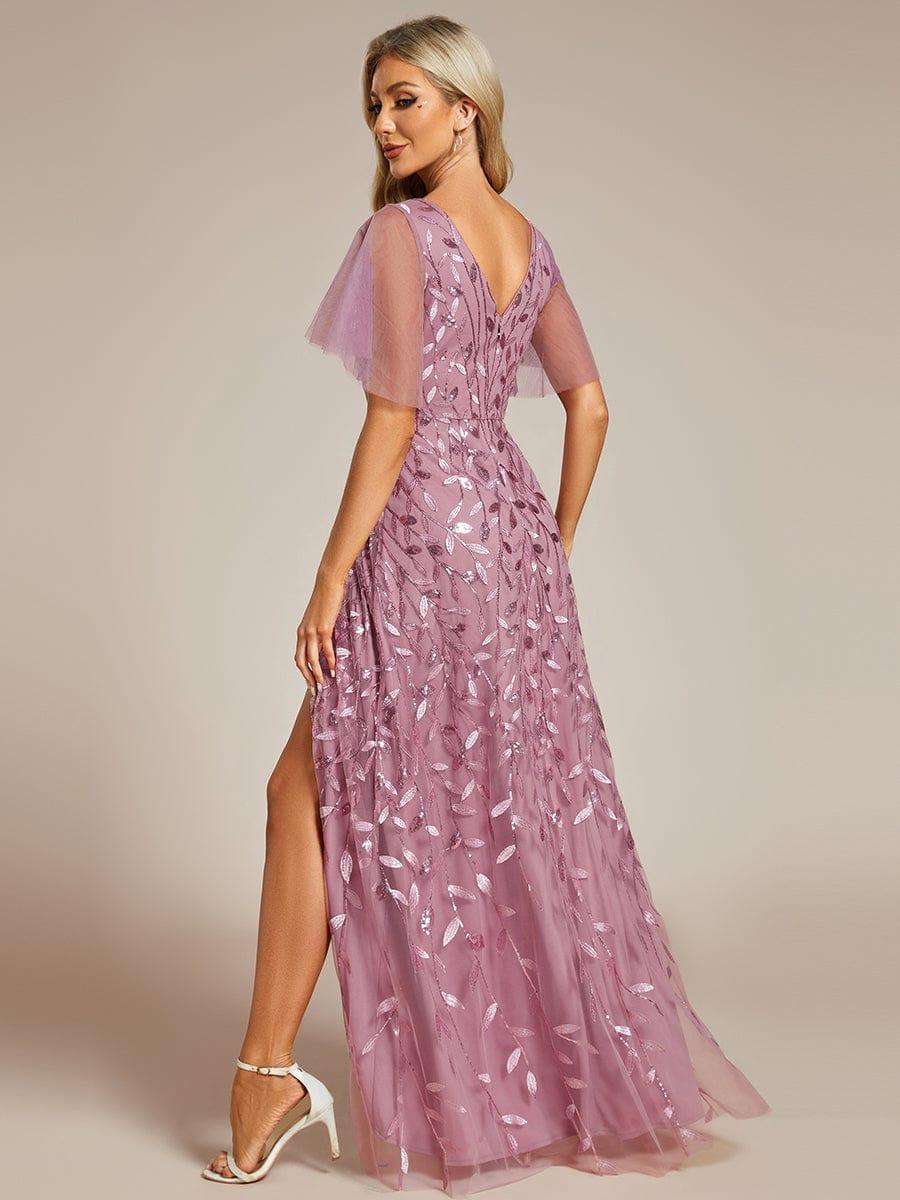 V-Neck Sequined Evening Dresses with High Slit #color_Purple Orchid