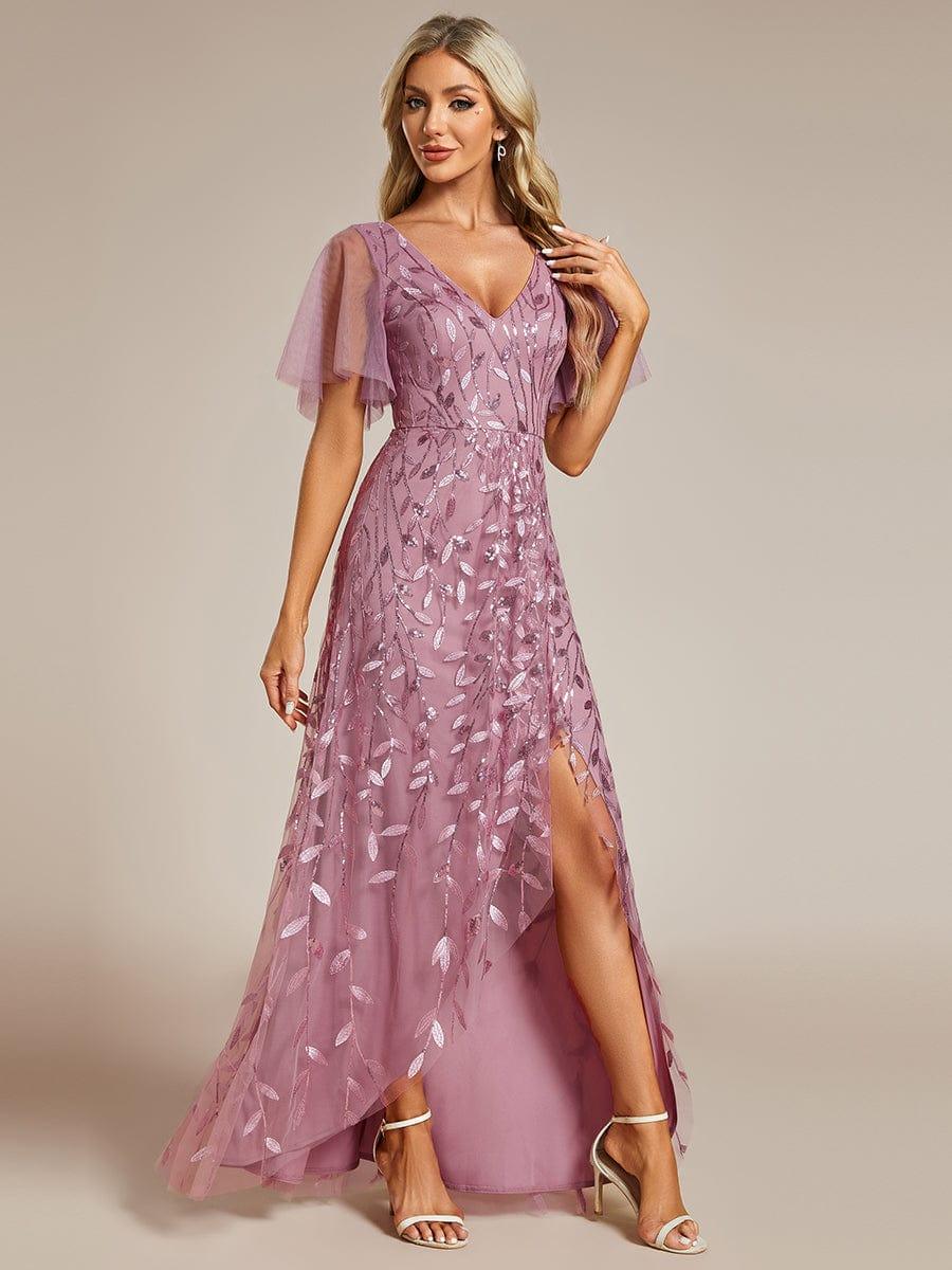 V-Neck Sequined Evening Dresses with High Slit #color_Purple Orchid