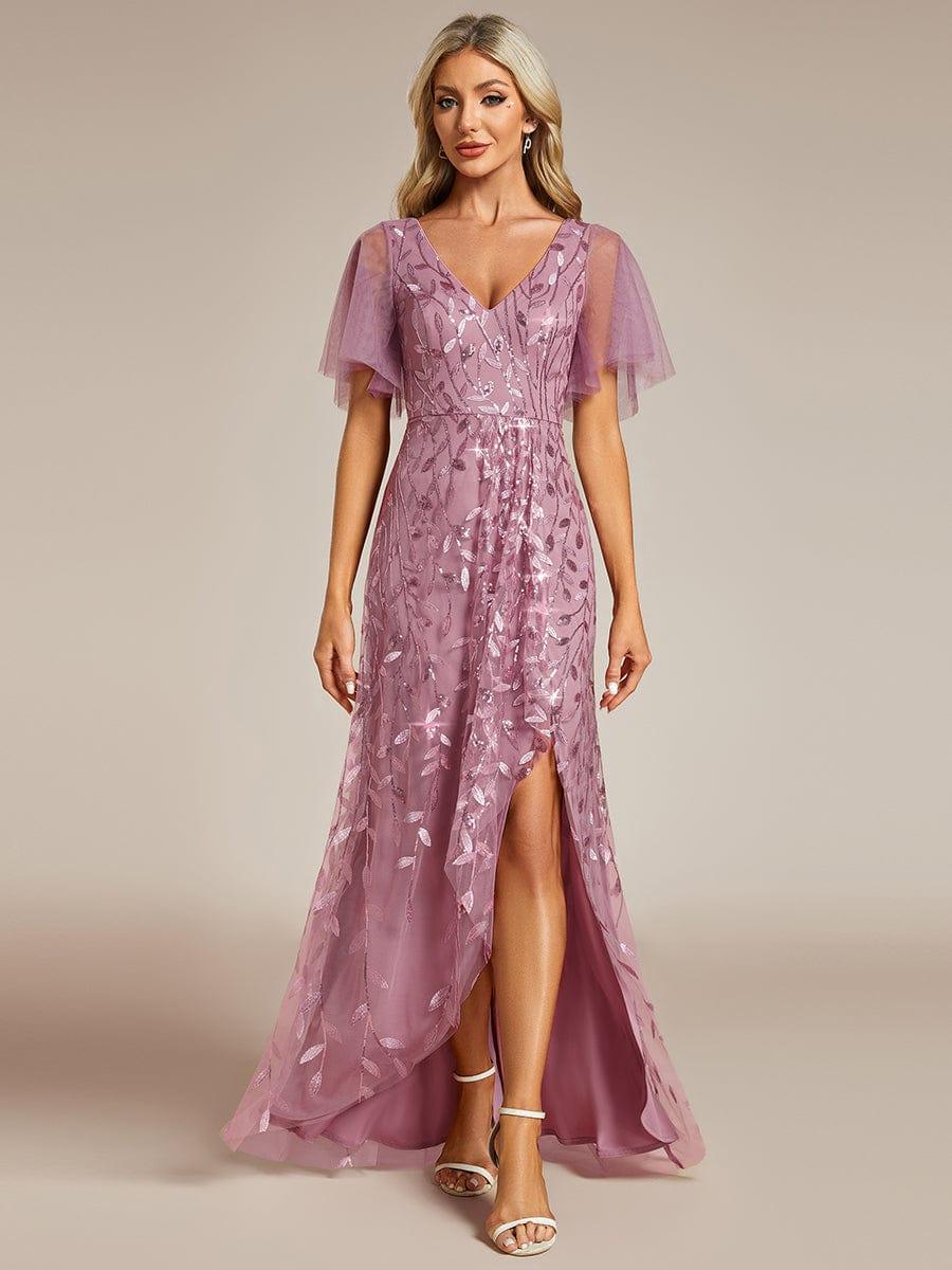V-Neck Sequined Wedding Guest Dresses with High Slit #color_Purple Orchid