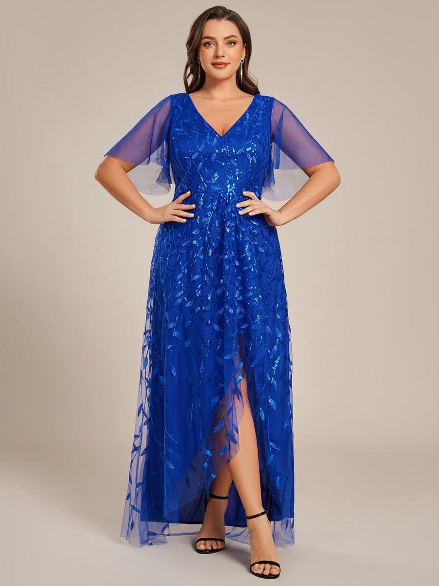 V-Neck Sequined Wedding Guest Dresses with High Slit #color_Sapphire Blue