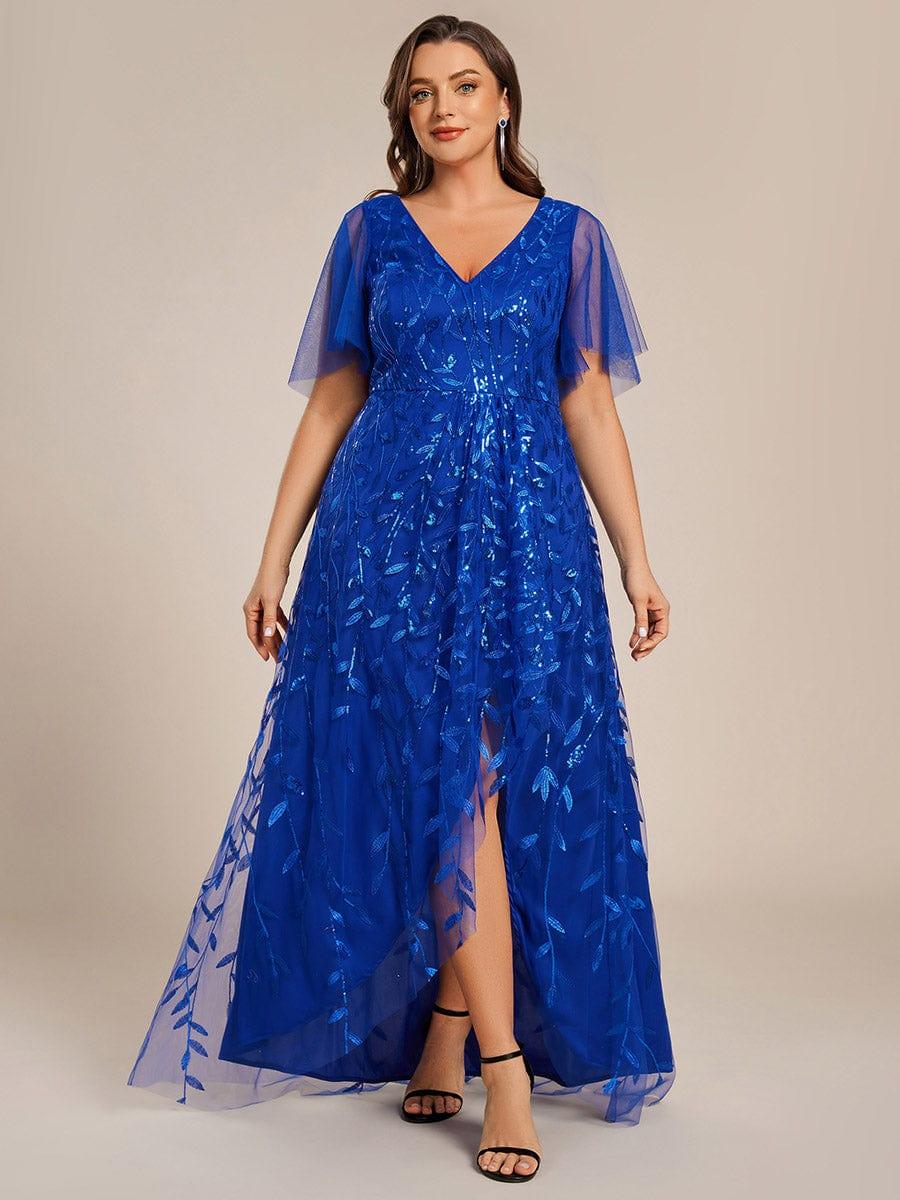 V-Neck Sequined Wedding Guest Dresses with High Slit #color_Sapphire Blue