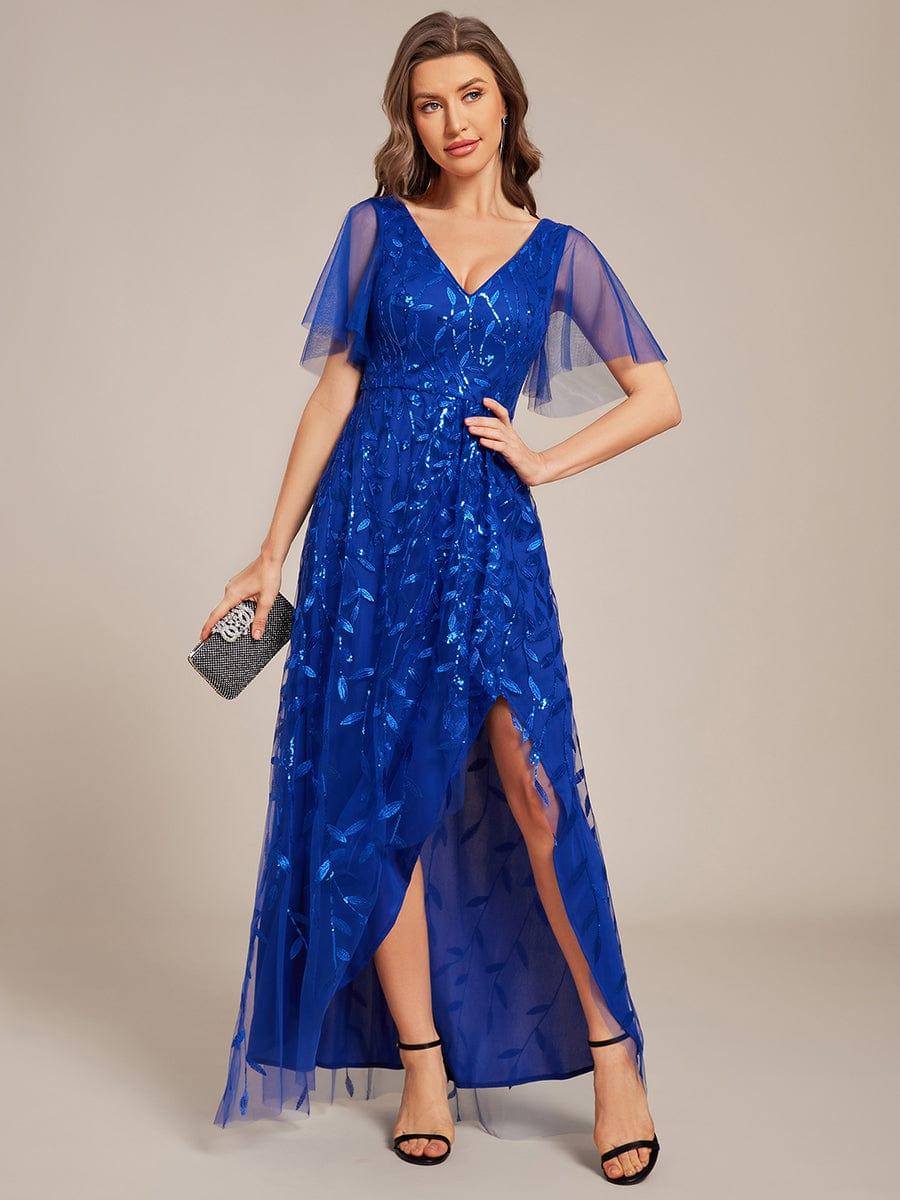 V-Neck Sequined Wedding Guest Dresses with High Slit #color_Sapphire Blue