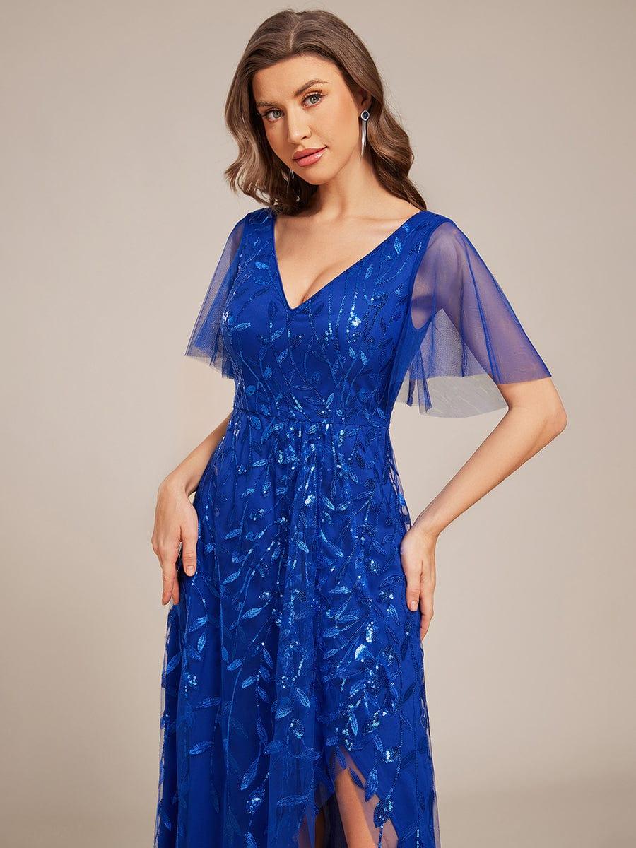V-Neck Sequined Wedding Guest Dresses with High Slit #color_Sapphire Blue