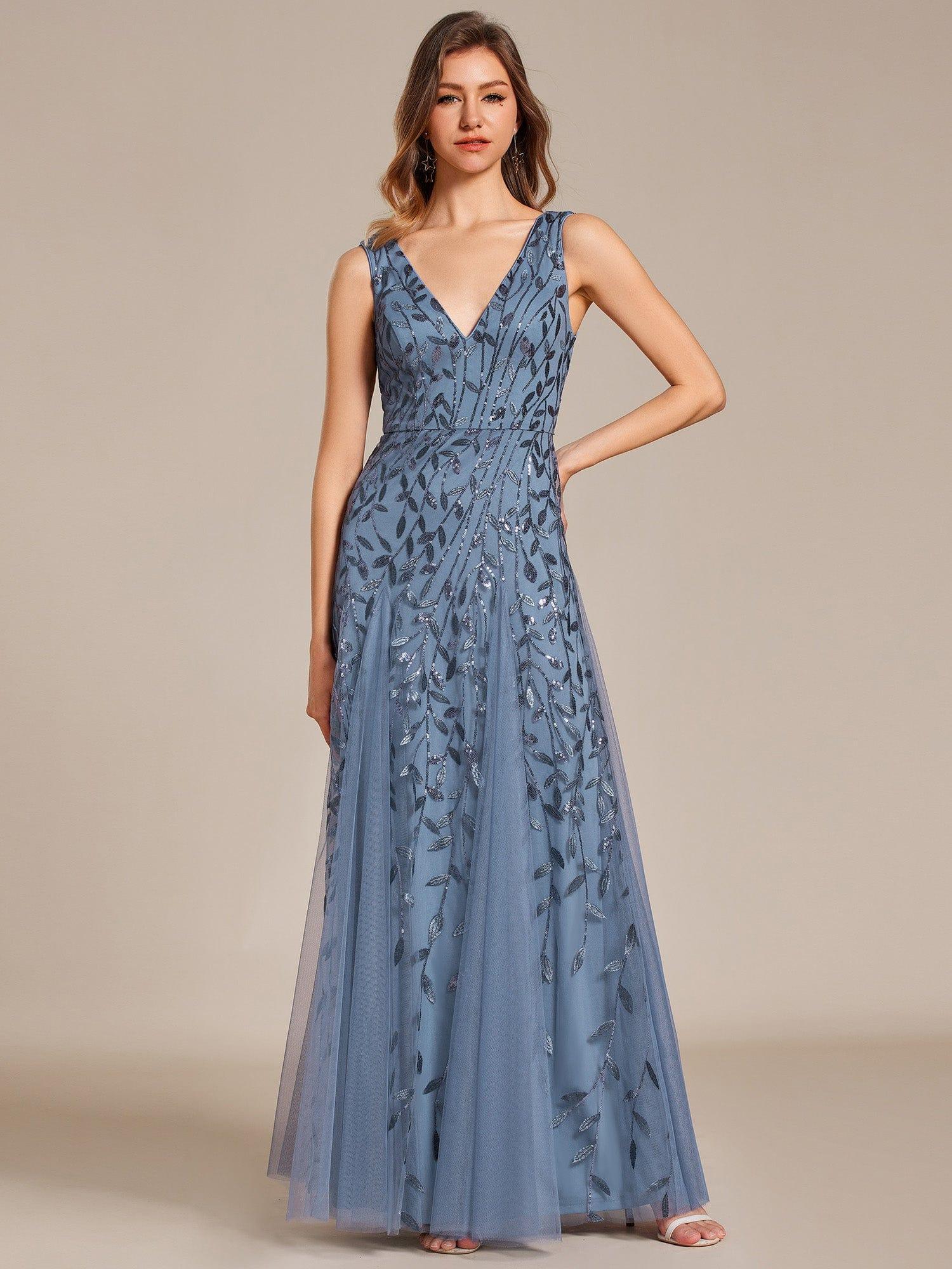 Sleeveless V-Neck Sequined A-Line Evening Dresses #color_Dusty Blue