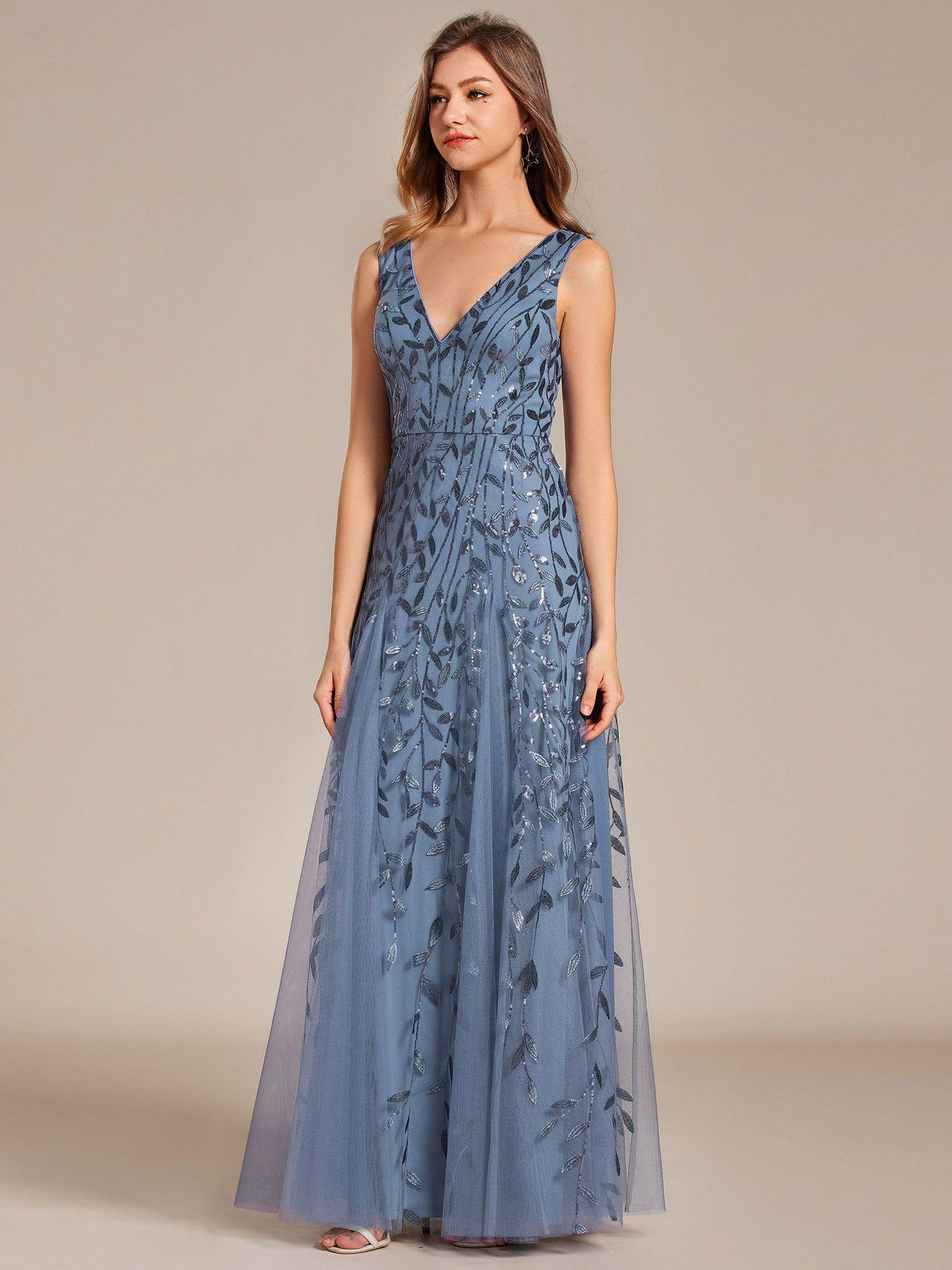 Sleeveless V-Neck Sequined A-Line Evening Dresses #color_Dusty Blue