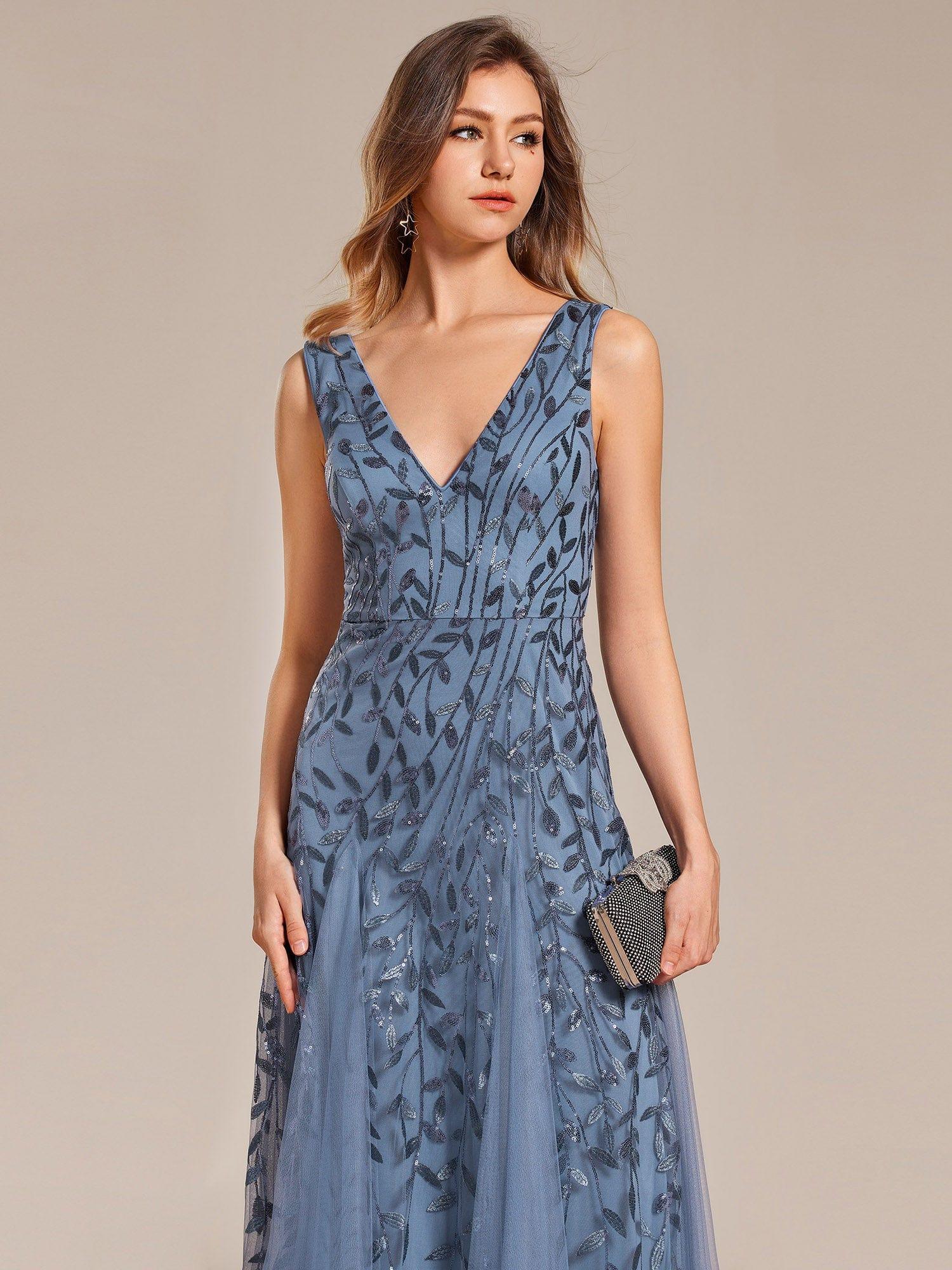 Sleeveless V-Neck Sequined A-Line Evening Dresses #color_Dusty Blue