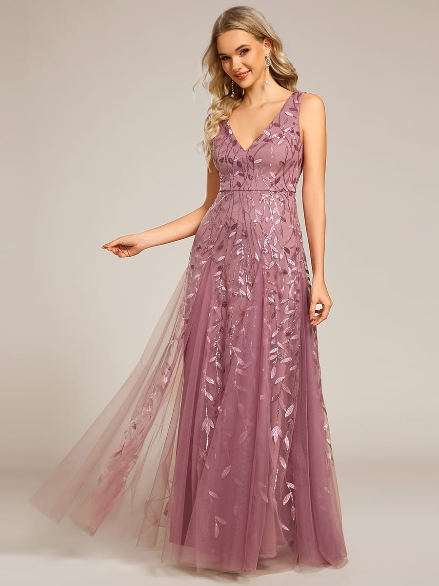 Sleeveless V-Neck Sequined A-Line Evening Dresses #color_Purple Orchid