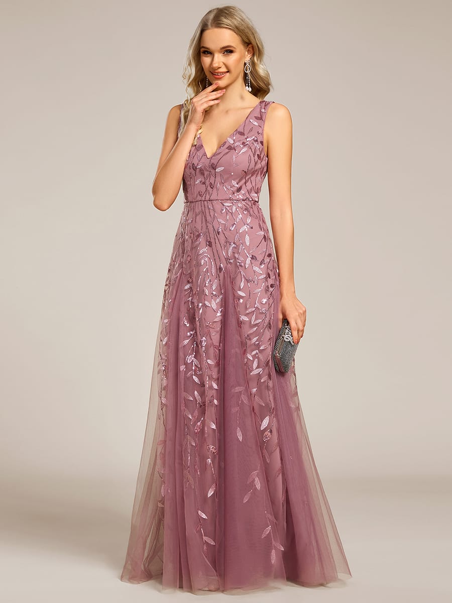 Sleeveless V-Neck Sequined A-Line Evening Dresses #color_Purple Orchid