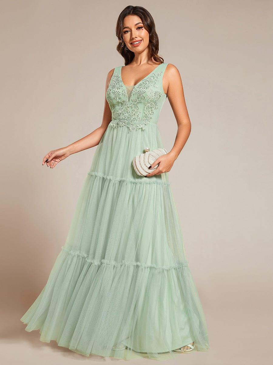 Sleeveless See-Through Applique Tulle Evening Dress #color_Mint Green