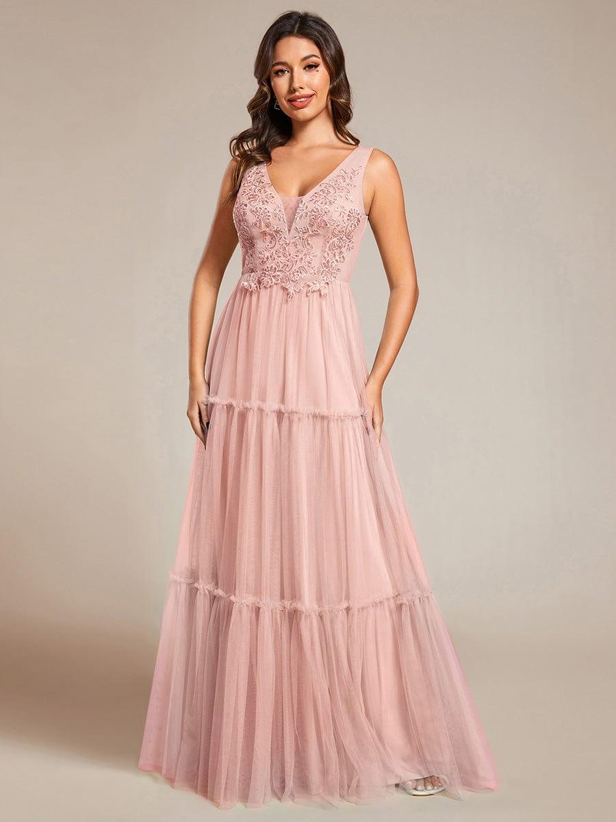 Sleeveless See-Through Applique Tulle Evening Dress #color_Pink