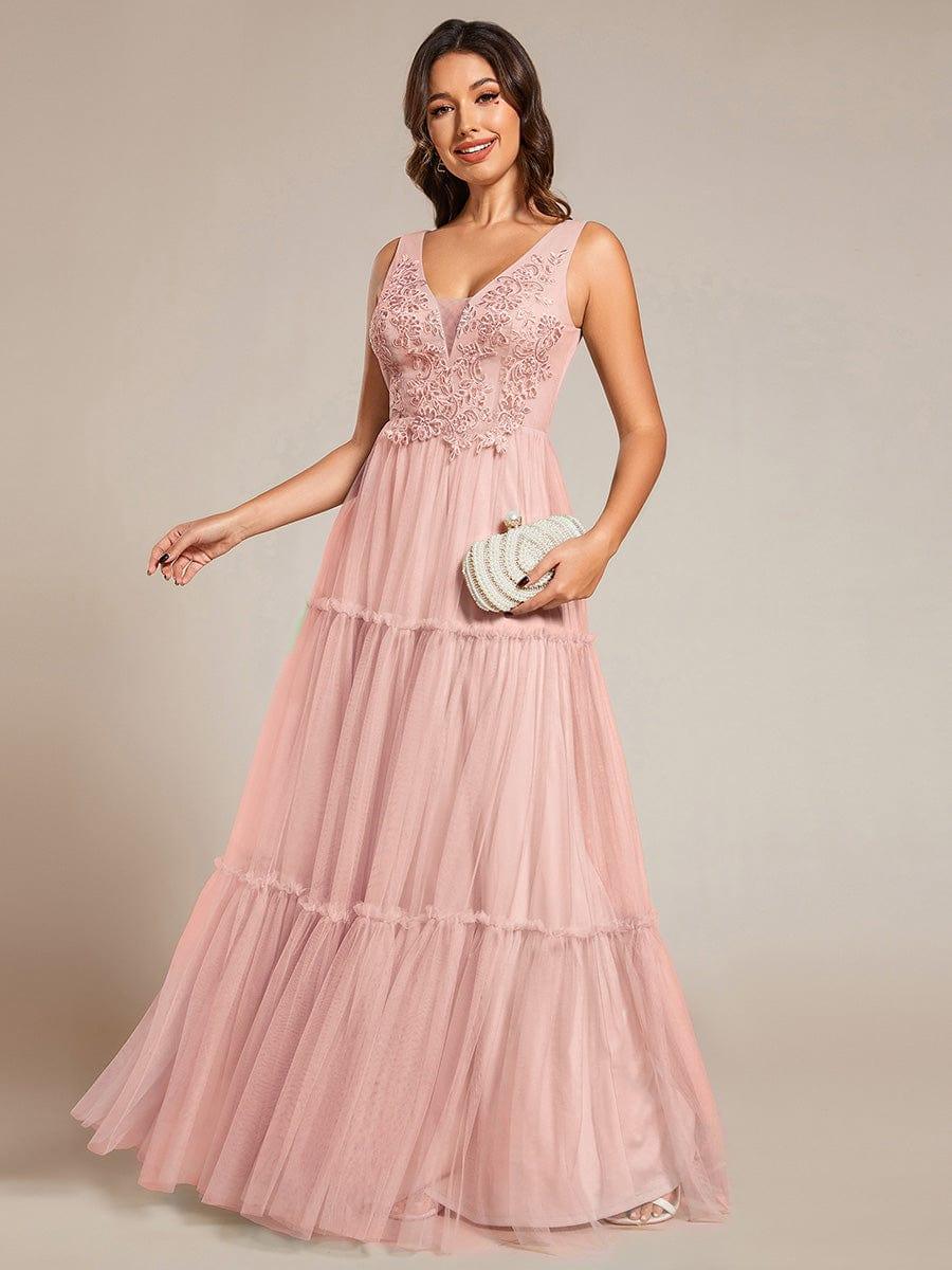 Sleeveless See-Through Applique Tulle Evening Dress #color_Pink