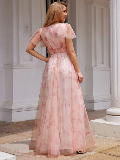 A-Line Floral Tulle V-Neck Evening Dress with Short Sleeve #color_Pink