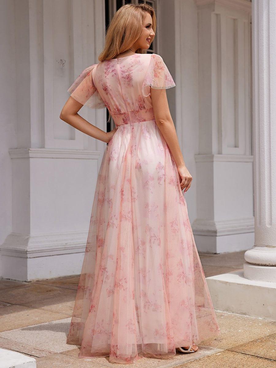 A-Line Floral Tulle V-Neck Evening Dress with Short Sleeve #color_Pink
