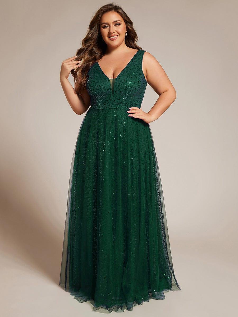Sequined V-Neck Sleeveless See-Through Tulle Evening Dress #color_Dark Green