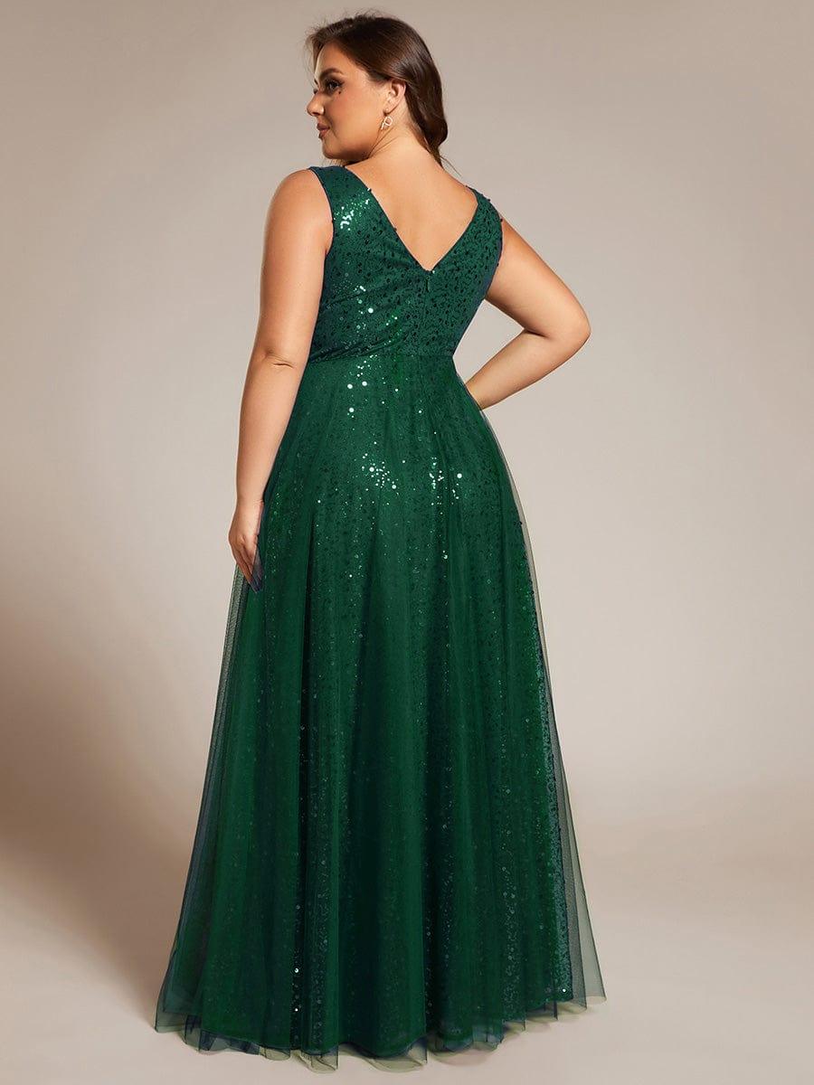 Sequined V-Neck Sleeveless See-Through Tulle Evening Dress #color_Dark Green