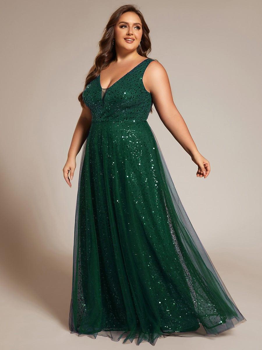 Sequined V-Neck Sleeveless See-Through Tulle Evening Dress #color_Dark Green
