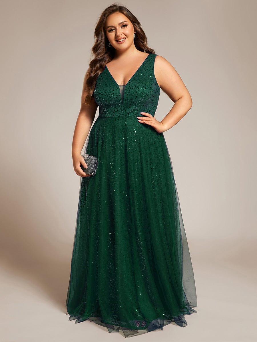 Sequined V-Neck Sleeveless See-Through Tulle Evening Dress #color_Dark Green