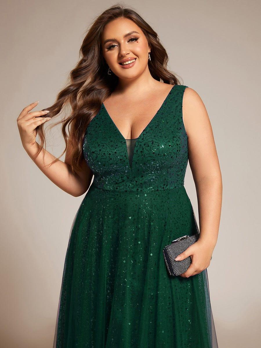 Sequined V-Neck Sleeveless See-Through Tulle Evening Dress #color_Dark Green