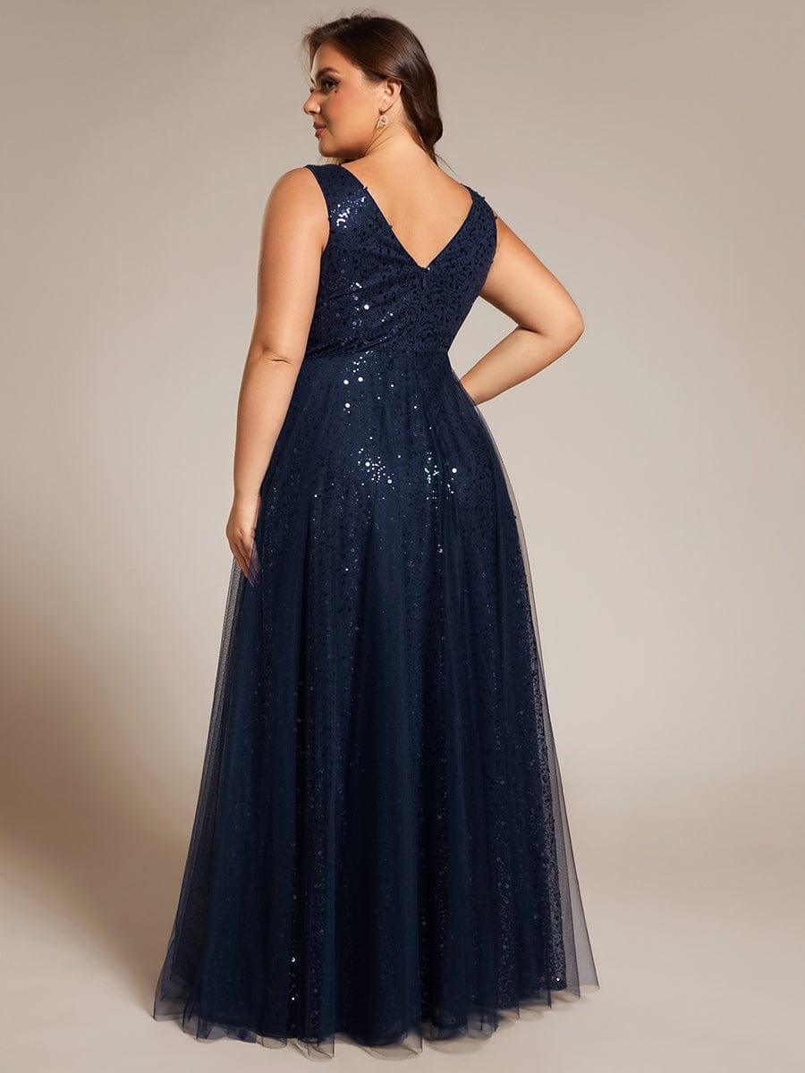 Sequined V-Neck Sleeveless See-Through Tulle Evening Dress #color_Navy Blue