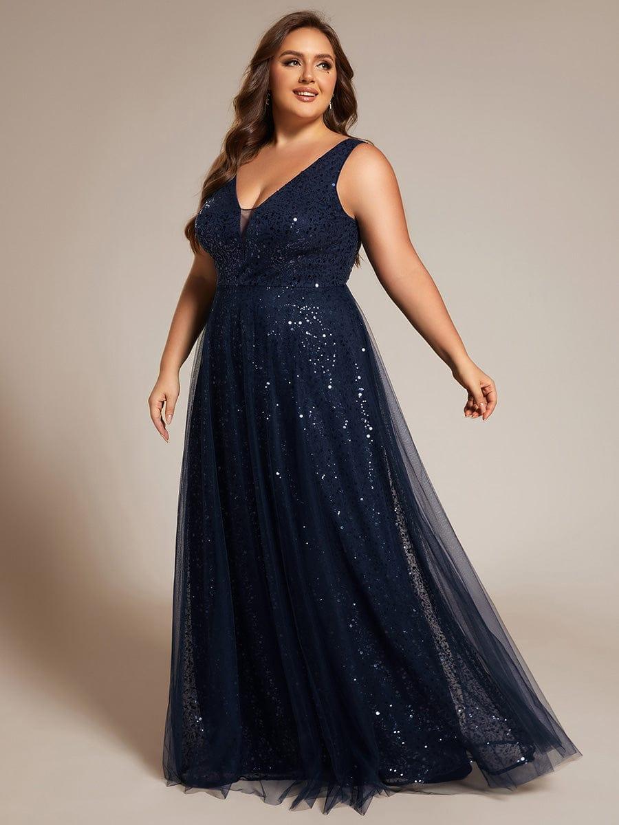 Sequined V-Neck Sleeveless See-Through Tulle Evening Dress #color_Navy Blue
