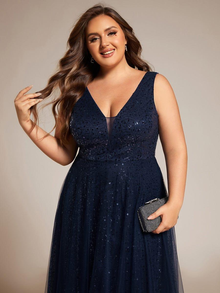 Sequined V-Neck Sleeveless See-Through Tulle Evening Dress #color_Navy Blue