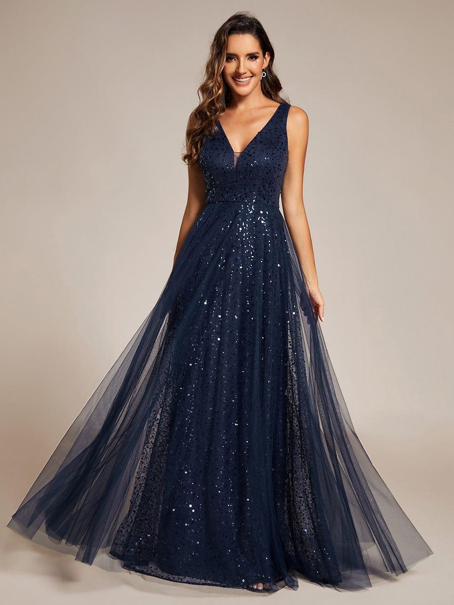 Sequined V-Neck Sleeveless See-Through Tulle Evening Dress #color_Navy Blue