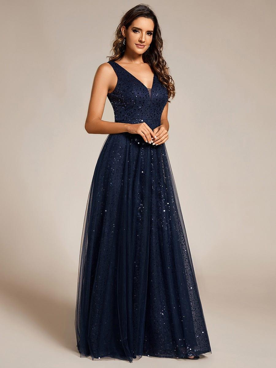 Sequined V-Neck Sleeveless See-Through Tulle Evening Dress #color_Navy Blue
