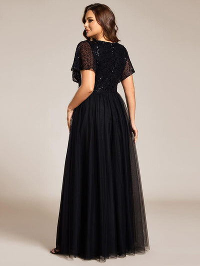A-Line Short Sleeve Tulle Evening Dress with Sequin Embellishments #color_Black