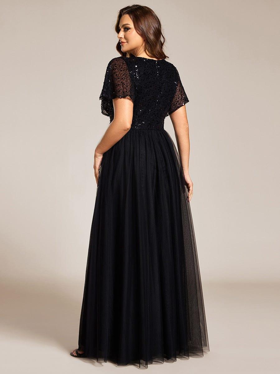 A-Line Short Sleeve Tulle Evening Dress with Sequin Embellishments #color_Black