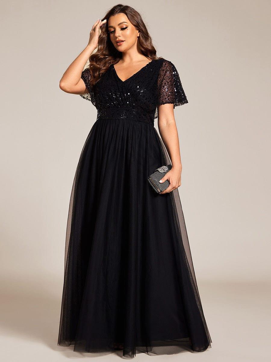 A-Line Short Sleeve Tulle Evening Dress with Sequin Embellishments #color_Black