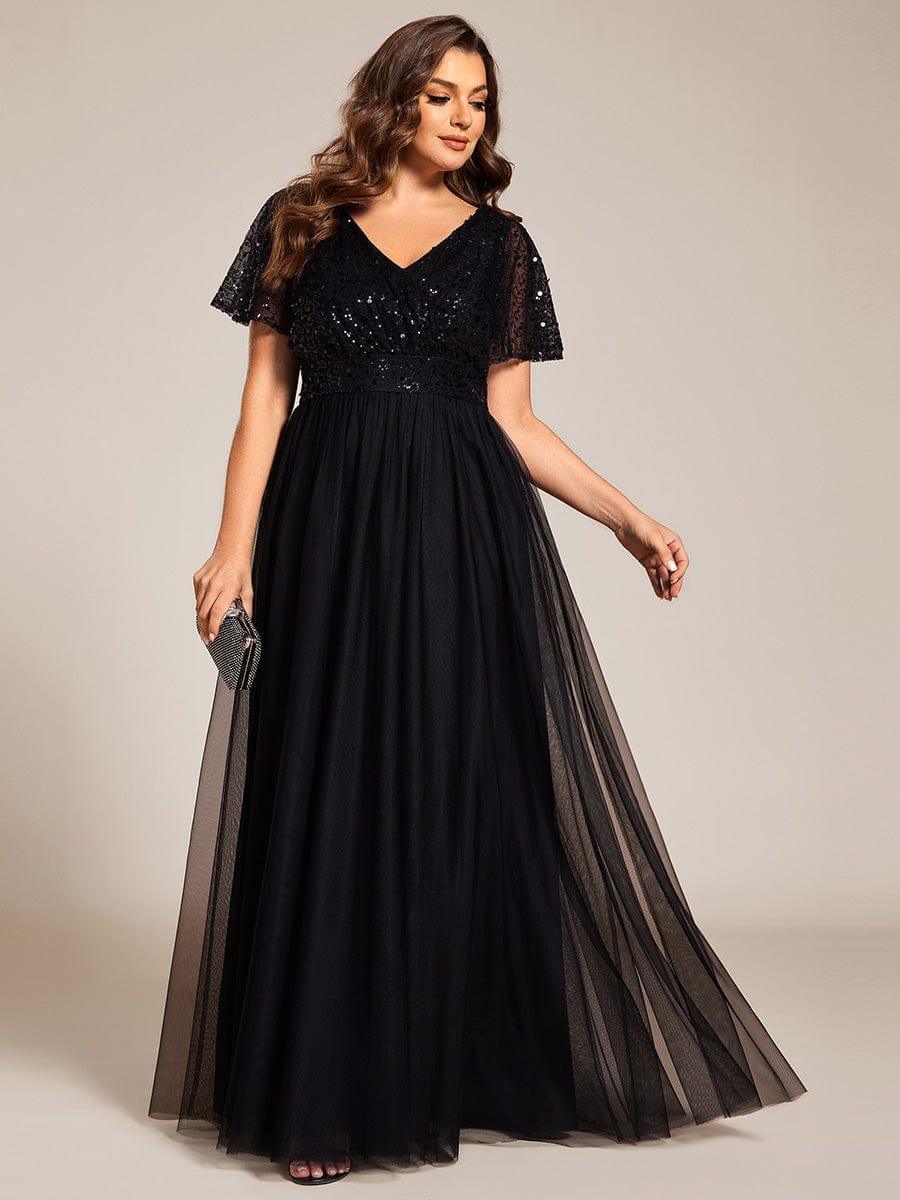 A-Line Short Sleeve Tulle Evening Dress with Sequin Embellishments #color_Black