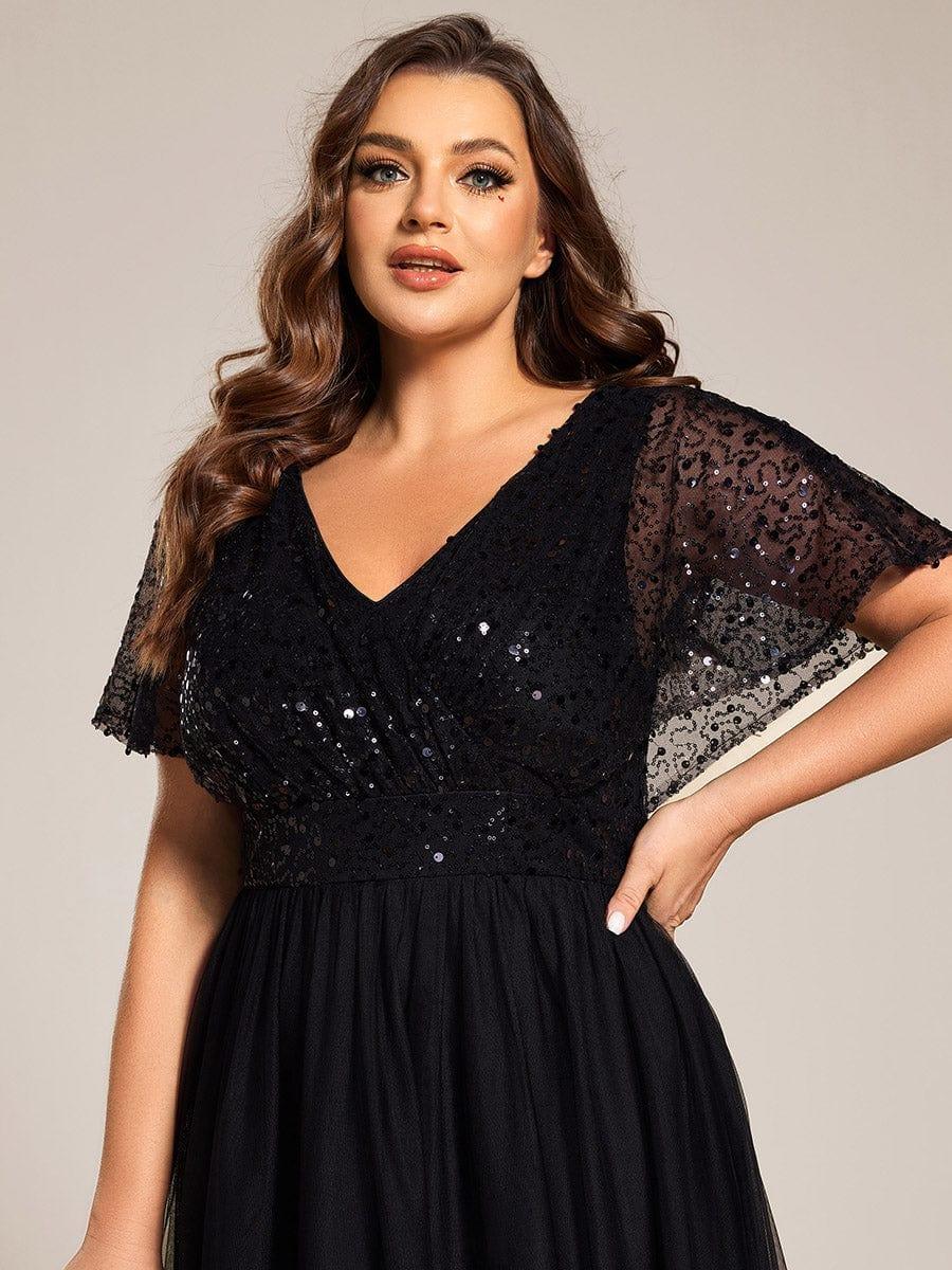 A-Line Short Sleeve Tulle Evening Dress with Sequin Embellishments #color_Black