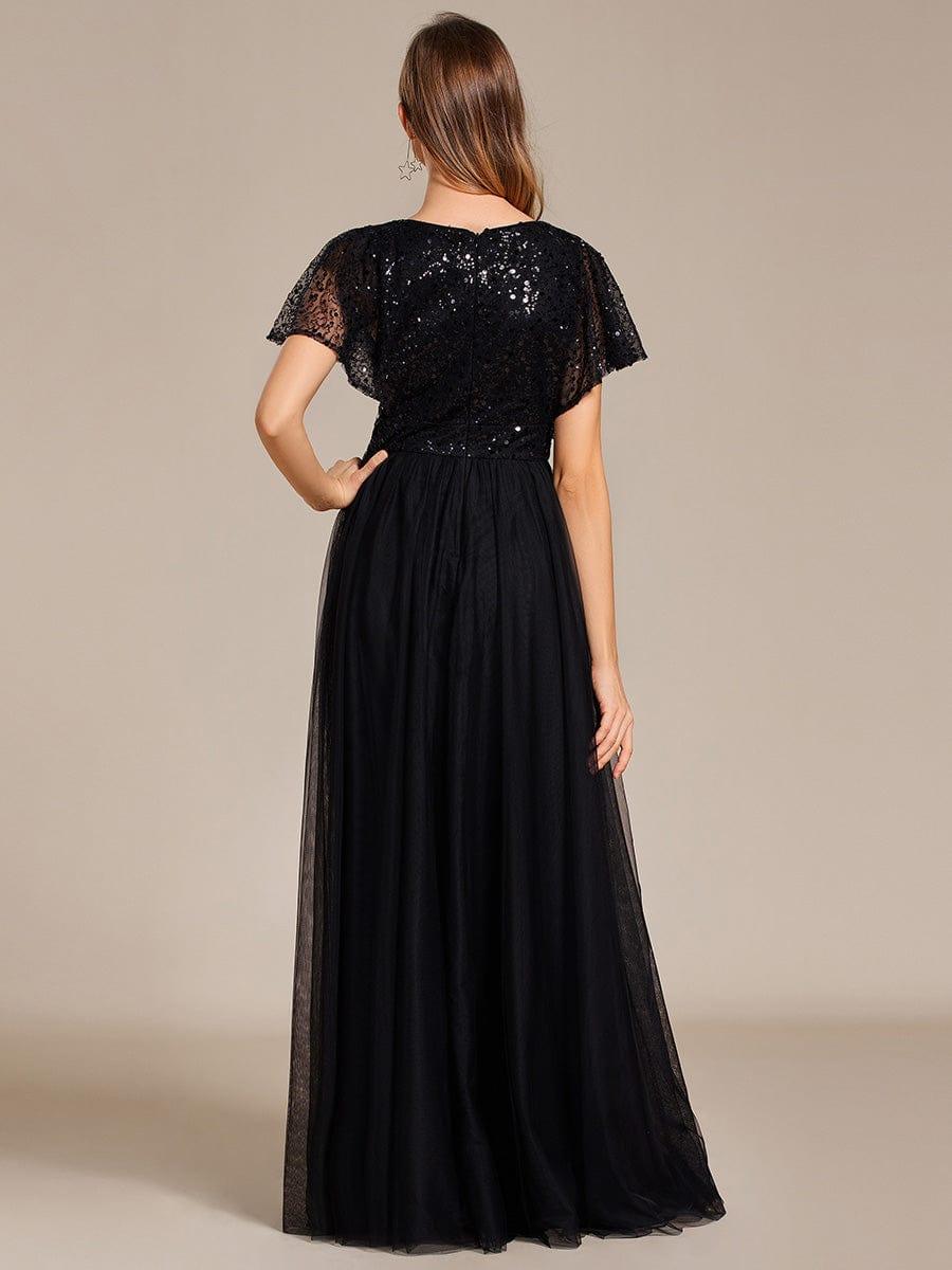 A-Line Short Sleeve Tulle Evening Dress with Sequin Embellishments #color_Black