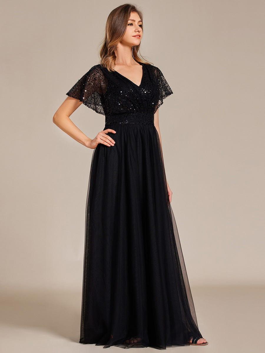A-Line Short Sleeve Tulle Evening Dress with Sequin Embellishments #color_Black