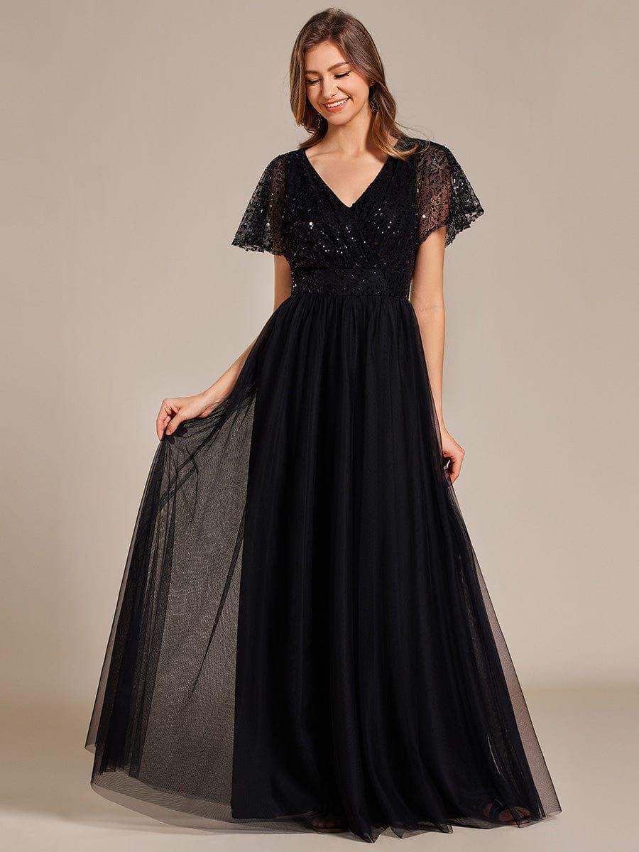 A-Line Short Sleeve Tulle Evening Dress with Sequin Embellishments #color_Black
