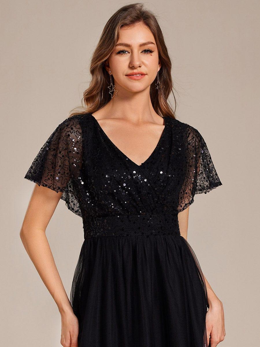 A-Line Short Sleeve Tulle Evening Dress with Sequin Embellishments #color_Black