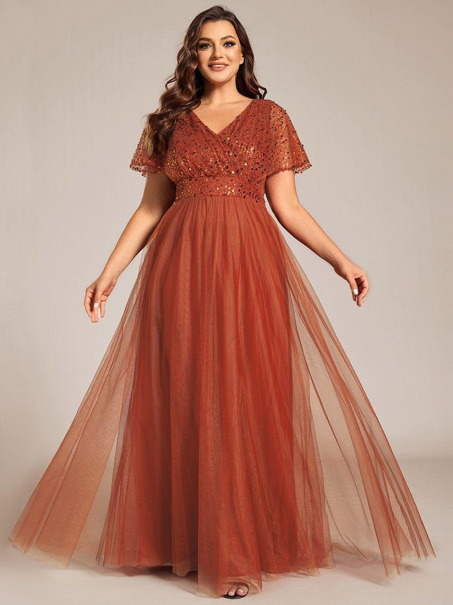A-Line Short Sleeve Tulle Evening Dress with Sequin Embellishments #color_Burnt Orange