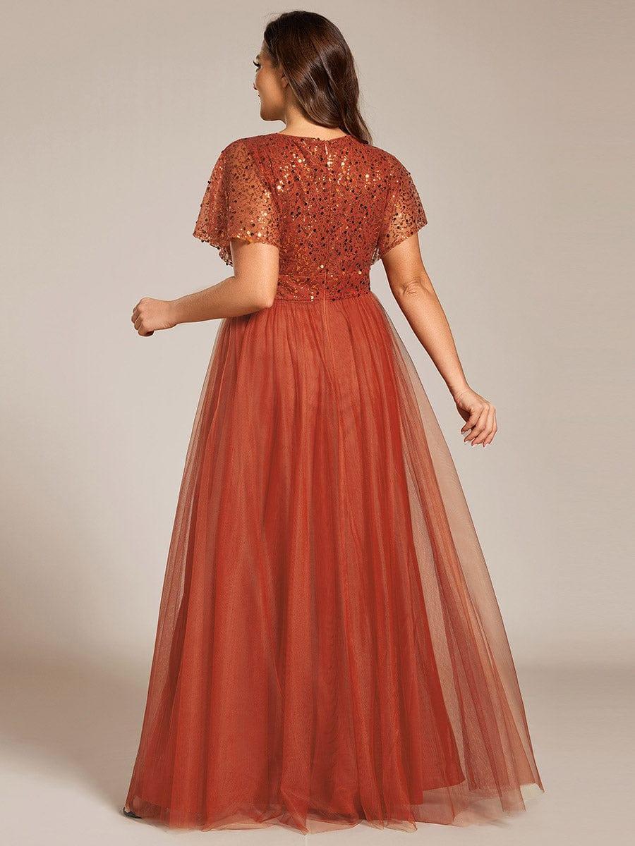 A-Line Short Sleeve Tulle Evening Dress with Sequin Embellishments #color_Burnt Orange