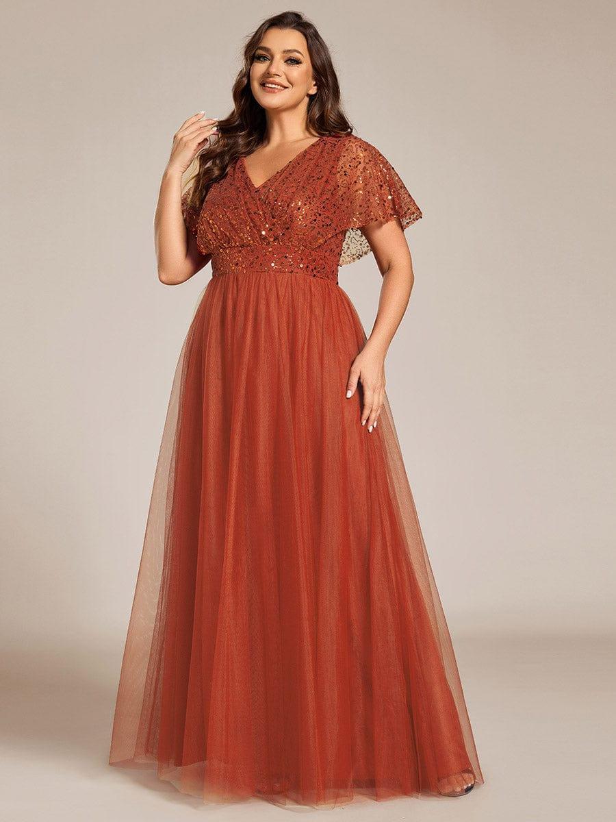 A-Line Short Sleeve Tulle Evening Dress with Sequin Embellishments #color_Burnt Orange