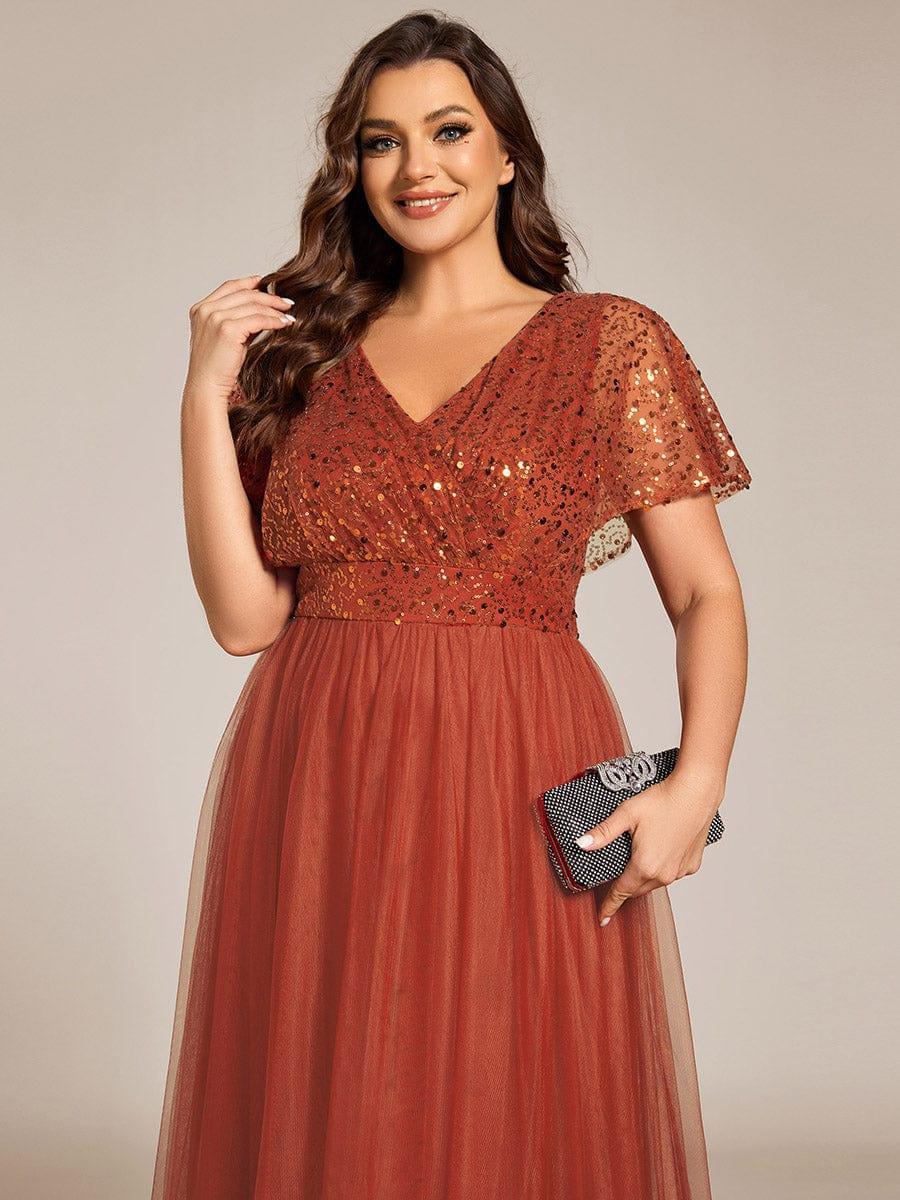 A-Line Short Sleeve Tulle Evening Dress with Sequin Embellishments #color_Burnt Orange